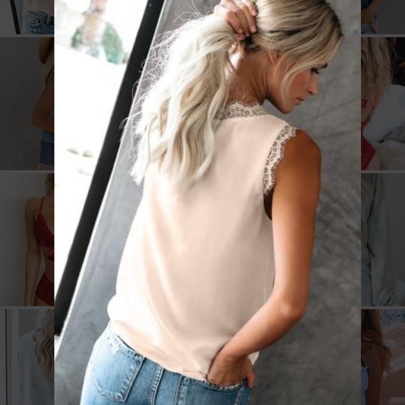 Nude Pink Sleeveless Eyelash Lace V Neck Tank Top - Picture 2 of 2